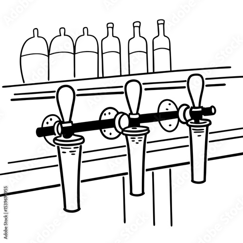 Beer taps and bottles behind bar in black and white sketch
