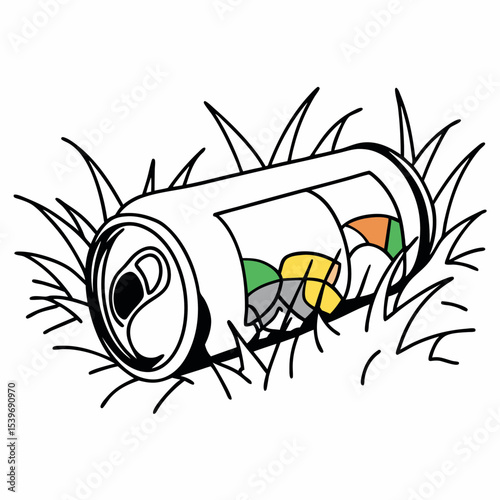 Crushed soda can with colorful label in grassy area