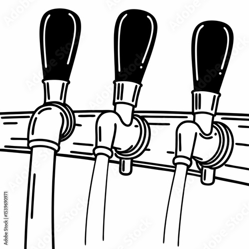 Beer tap handles in black and white hand-drawn style