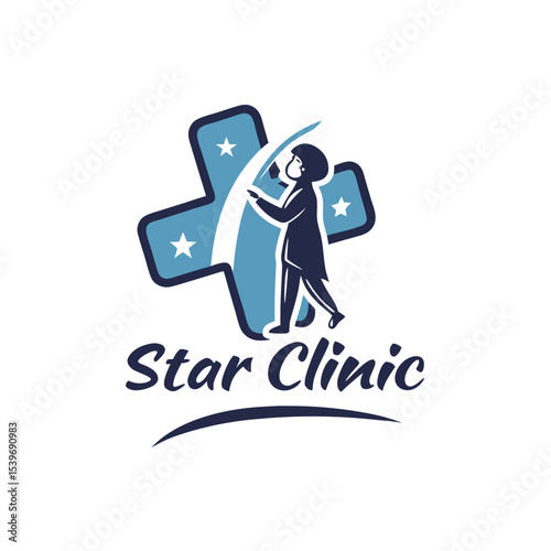Medical clinic logo design featuring a doctor with a cross and stars representing healthcare and a commitment to quality