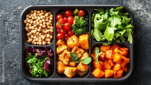 Balanced meal prep container with chickpeas, chicken, vegetables for diet plan