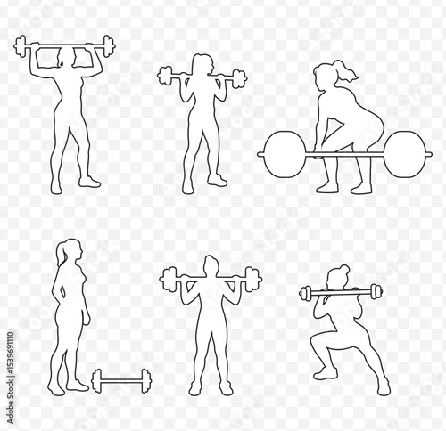 Female weightlifter silhouette athletic woman fitness or exercise vector in stroke on Transparent Background. EPS 10.