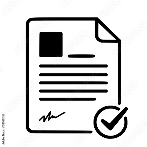 Vector illustration of a business document or contract with checkmark on the bottom right - representing approval, completion, or deal confirmation concept