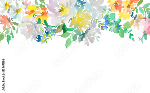 Vector frame illustration of abstract white peonies and wild flowers painted in watercolor. hand painted floral background with transparent background.Floral drop.