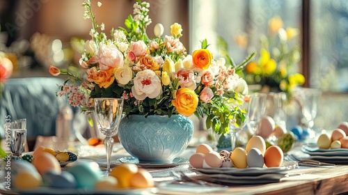 Easter table set for a celebration with flowers, colorful eggs, and an inviting atmosphere