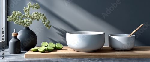 Sunlit kitchen counter displays two light grey bowls, a dark grey vase with greenery, a small dark grey oil dispenser, and sliced limes on a light wood board