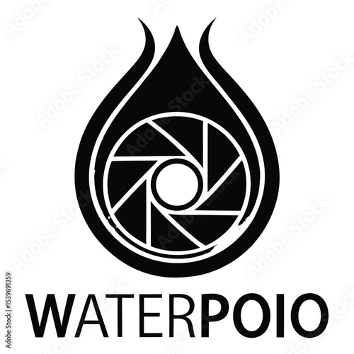 Waterpoio logo featuring a water droplet inspired shape with a photographic lens inspired design in black and white