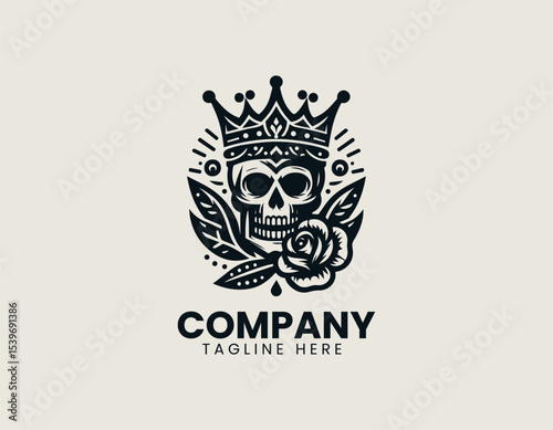 Menacing skull king wearing a spiked crown in a symmetrical vector logo for dark luxury branding
