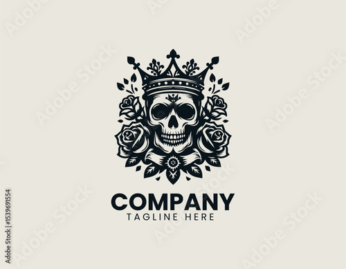Menacing skull king wearing a spiked crown in a symmetrical vector logo for dark luxury branding