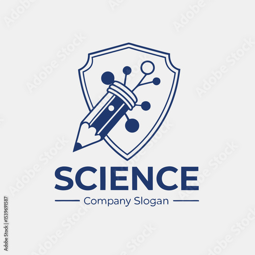 Science logo with a pencil representing scientific concepts with a shield element perfect for branding and design
