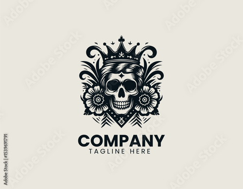 A regal skull king with ornate crown and intricate bone details in a bold gothic vector logo design