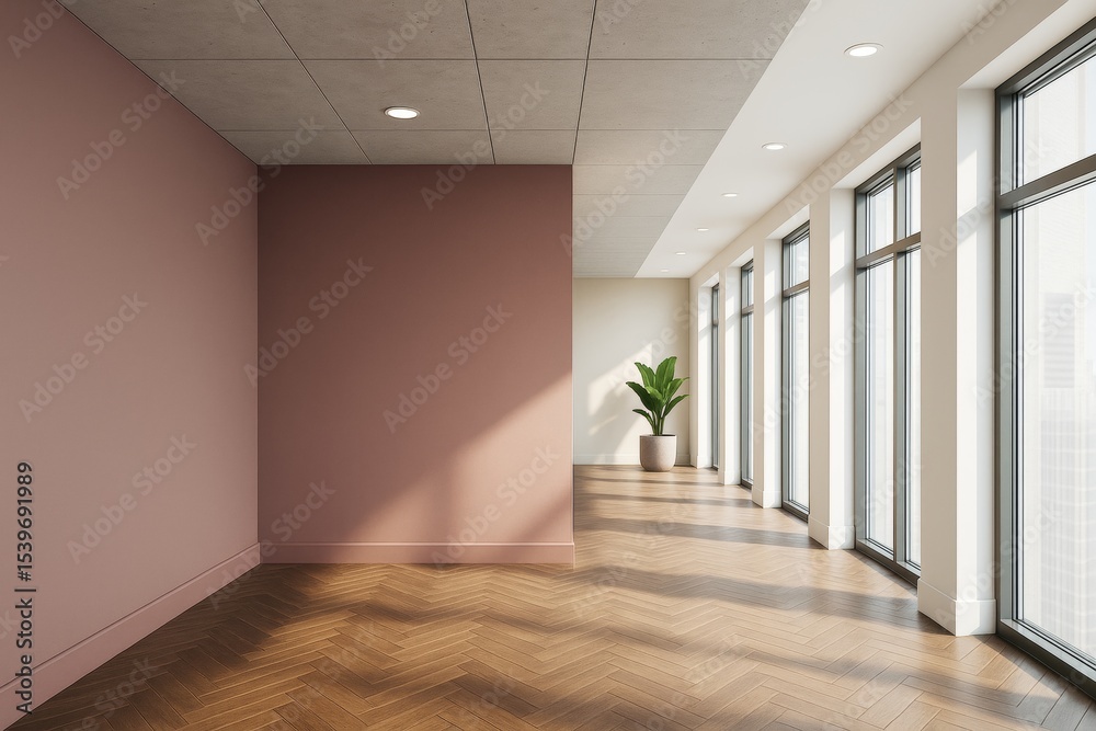 Fototapeta premium Modern empty interior with large windows, wooden herringbone floor, pink accent wall, and potted plant in natural sunlight. Ai generative.