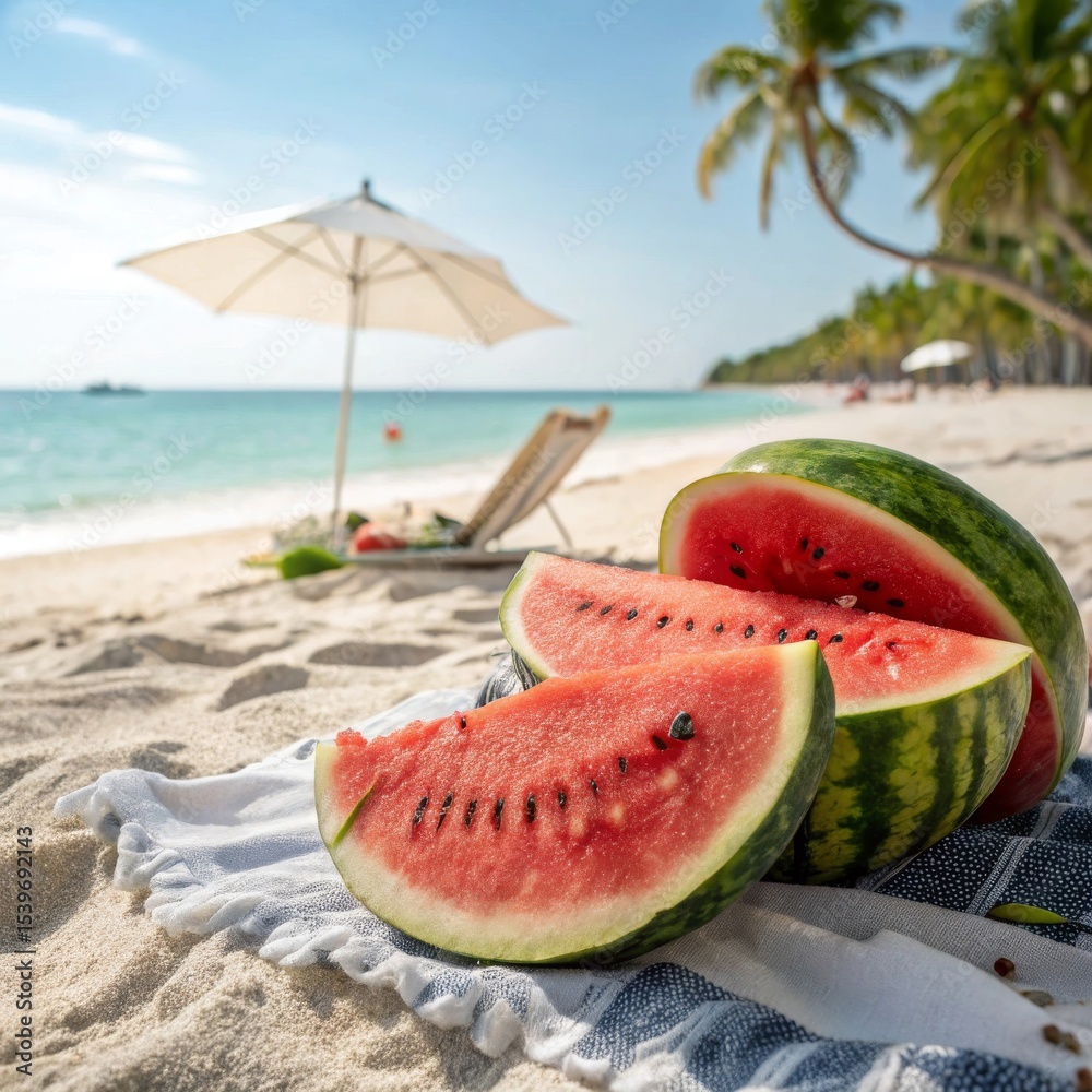 Watermelon Slices on Sandy Shore, Tropical Paradise, Food Photography, Relaxing Atmosphere Watermelon Slices on Sandy Shore, Tropical Paradise, Food Photography, Relaxing Atmosphere