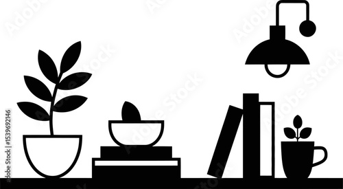 Black and white shelf with plants books and a lamp casting a shadow on a white background design