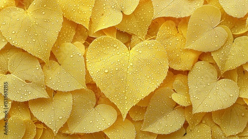 Heart-shaped yellow leaves covered in dewdrops