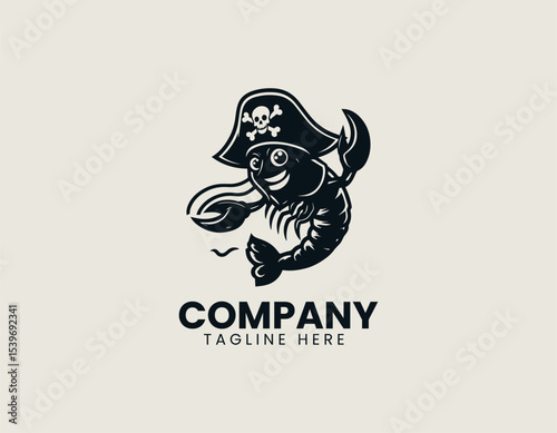 Bold shrimp pirate mascot character with wooden leg and treasure map in dynamic vector logo design
