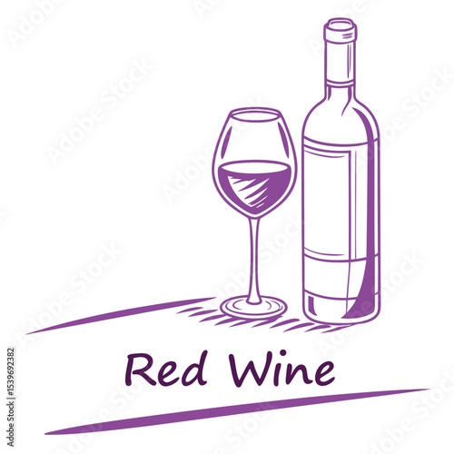 Elegant vector illustration of red wine bottle and glass with purple color in minimalist style on white background