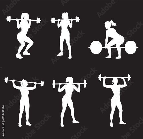 Six Silhouettes of Female Weightlifters in Various Poses on Transparent Background. EPS 10.