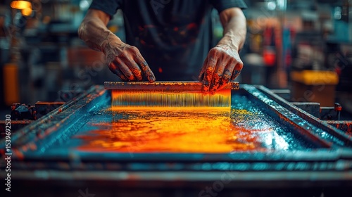 Close-up of hands using a squeegee to apply vibrant orange and yellow ink across a screen printing frame during a textile printing process in a workshop