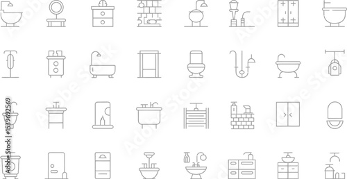 Line art illustration showcasing a collection of bathroom fixtures and accessories on a white backdrop