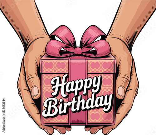 Gift of Joy Close-up illustration of hand giving Happy Birthday gift