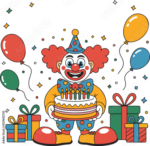 Clown's Birthday Cheer A whimsical clown, sporting vibrant attire and holding a birthday cake adorned with glowing candles