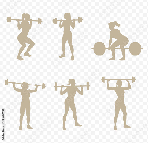 Weightlifting silhouette. Vector Set Silhouette of Women Squat Exercises Workout Isolated on Transparent Background. Eps 10.