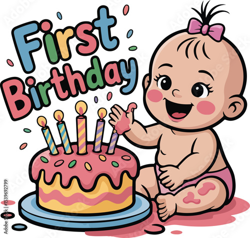 Baby's First Birthday Celebration baby celebrating its first birthday. The vibrant scene captures the pure joy and innocence of the milestone.