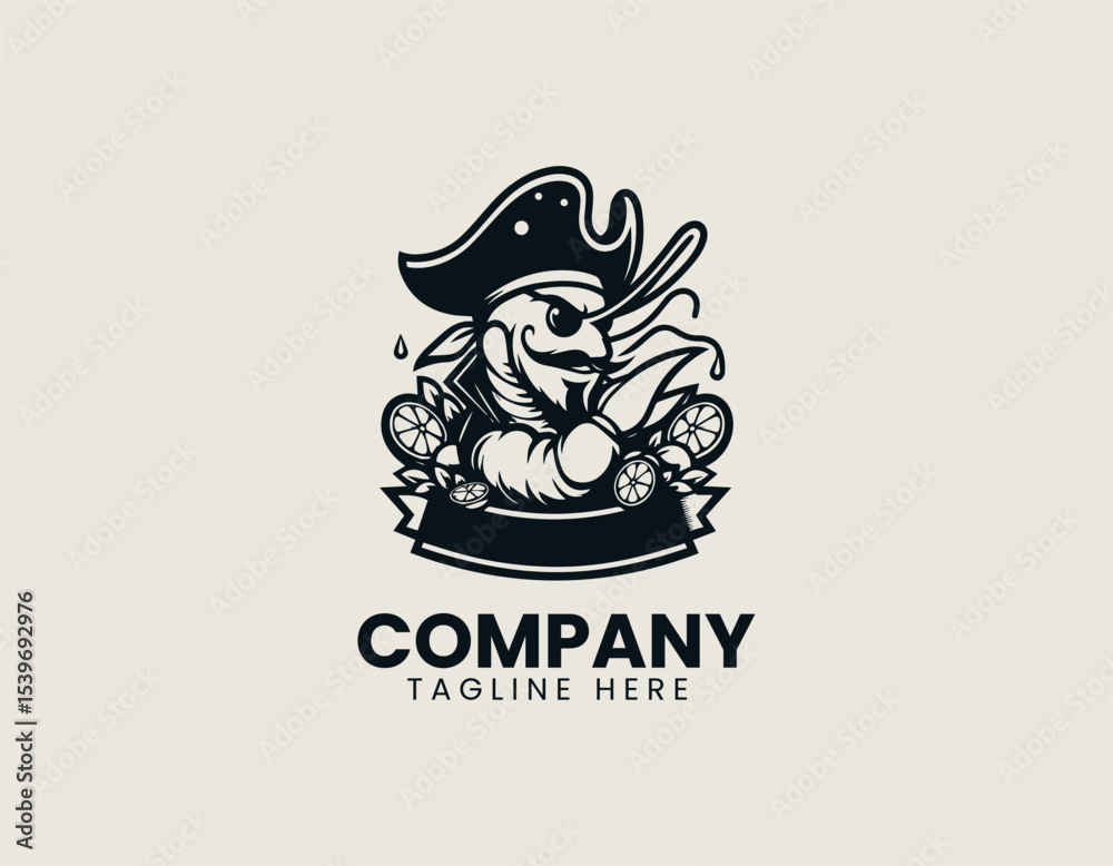 Fototapeta premium Cheerful shrimp pirate mascot character with pirate hat and hook hand designed as colorful vector logo illustration