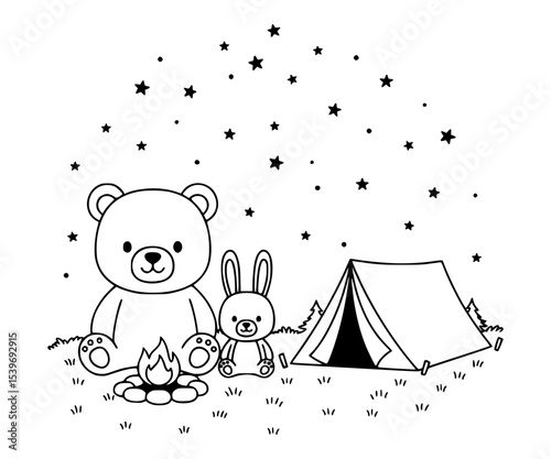 A bear and bunny camping under stars