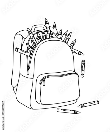 A backpack overflowing with crayons