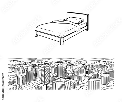 A bed flying over a city