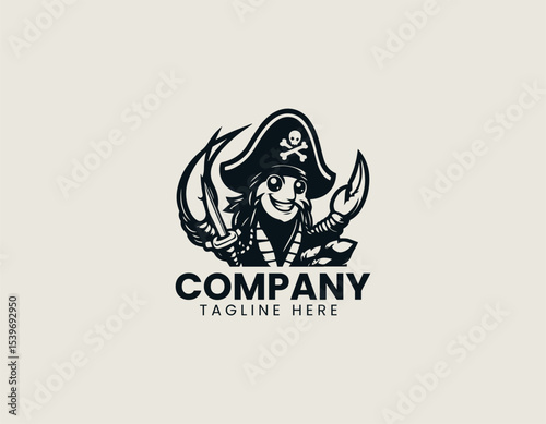 Cheerful shrimp pirate mascot character with pirate hat and hook hand designed as colorful vector logo illustration