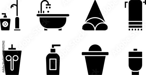 A set of bathroom icons featuring a bathtub, towel, soap, and other bathroom related items in black