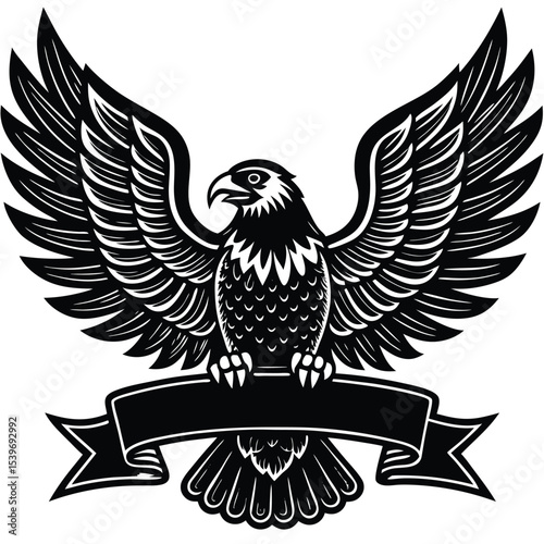 Majestic eagle emblem vector art featuring wide spread wings and banner for logo or branding design