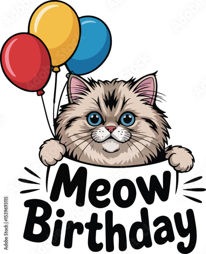 Meow Birthday A Cute Cat Celebrates with Balloons and Joyful Message