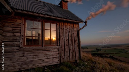 Scenic Landscape View with Rolling Hills, House Rooftop, and Colorful Sky at Dusk in Rural Countryside
