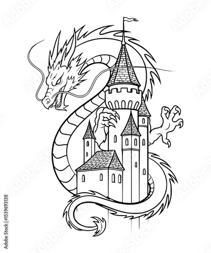 A dragon curled around a castle tower