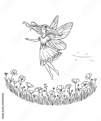 A fairy flying over a flower field