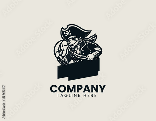 A fresh and playful shrimp pirate mascot character with eyepatch and bandana in bold vector logo illustration style