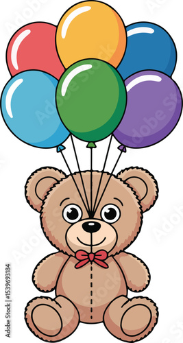 Teddy Bear's Balloon Adventure An adorable teddy bear joyfully floating upwards with a colorful bouquet of balloons