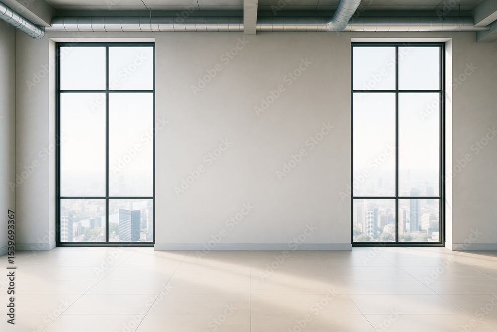 Fototapeta premium Empty contemporary interior room with large windows and urban cityscape background, ideal for architectural mockup or blank wall branding concept.