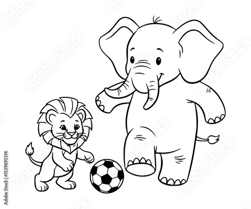A lion cub and elephant playing soccer