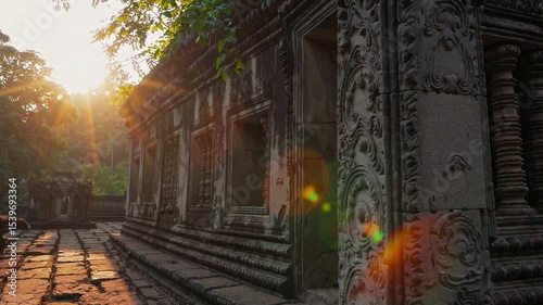 Serene Early Morning Light Filtering Through Ancient Temple Ruins Surrounded by Lush Greenery and Trees
