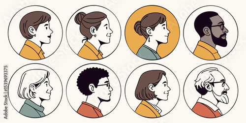 Set of diverse cartoon character avatars featuring children and adults with various hairstyles and fashionable designs
