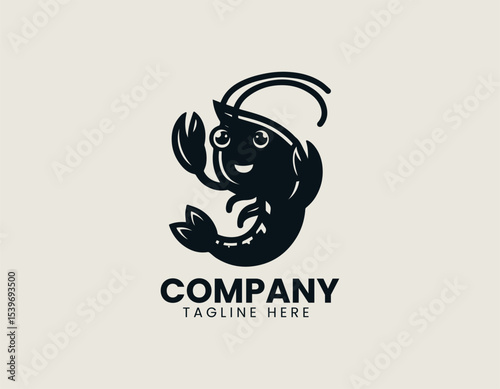 Stylish black shrimp mascot character with cute appearance and clean lines for versatile vector logo illustration