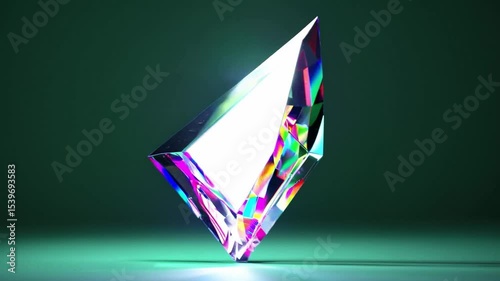 Abstract colorful glass shape leaning against a dark green background creating a striking visual effect