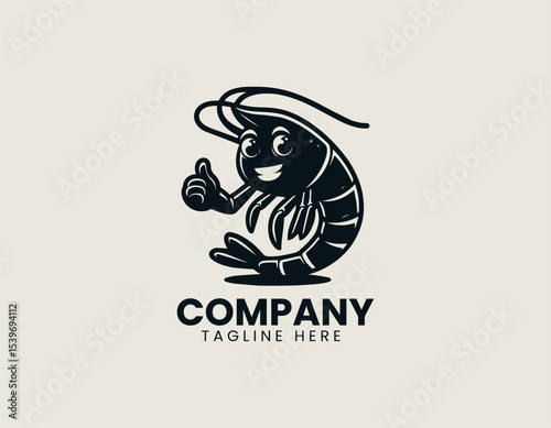 Playful black shrimp mascot character with expressive eyes and dynamic pose for vector logo design