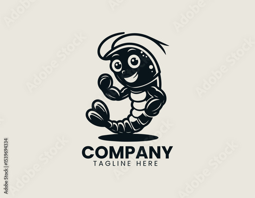 A cheerful black shrimp mascot character with friendly smile and bold outlines designed as vector logo illustration