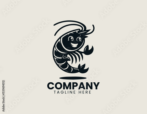 A cheerful black shrimp mascot character with friendly smile and bold outlines designed as vector logo illustration